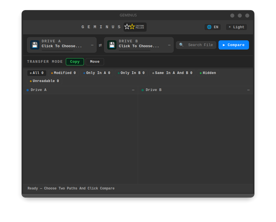 GEMINUS comparing two folders side by side, dark theme