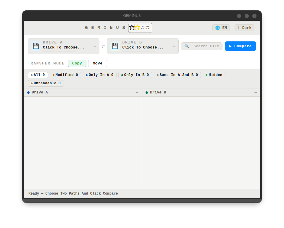 GEMINUS comparing two folders side by side, light theme